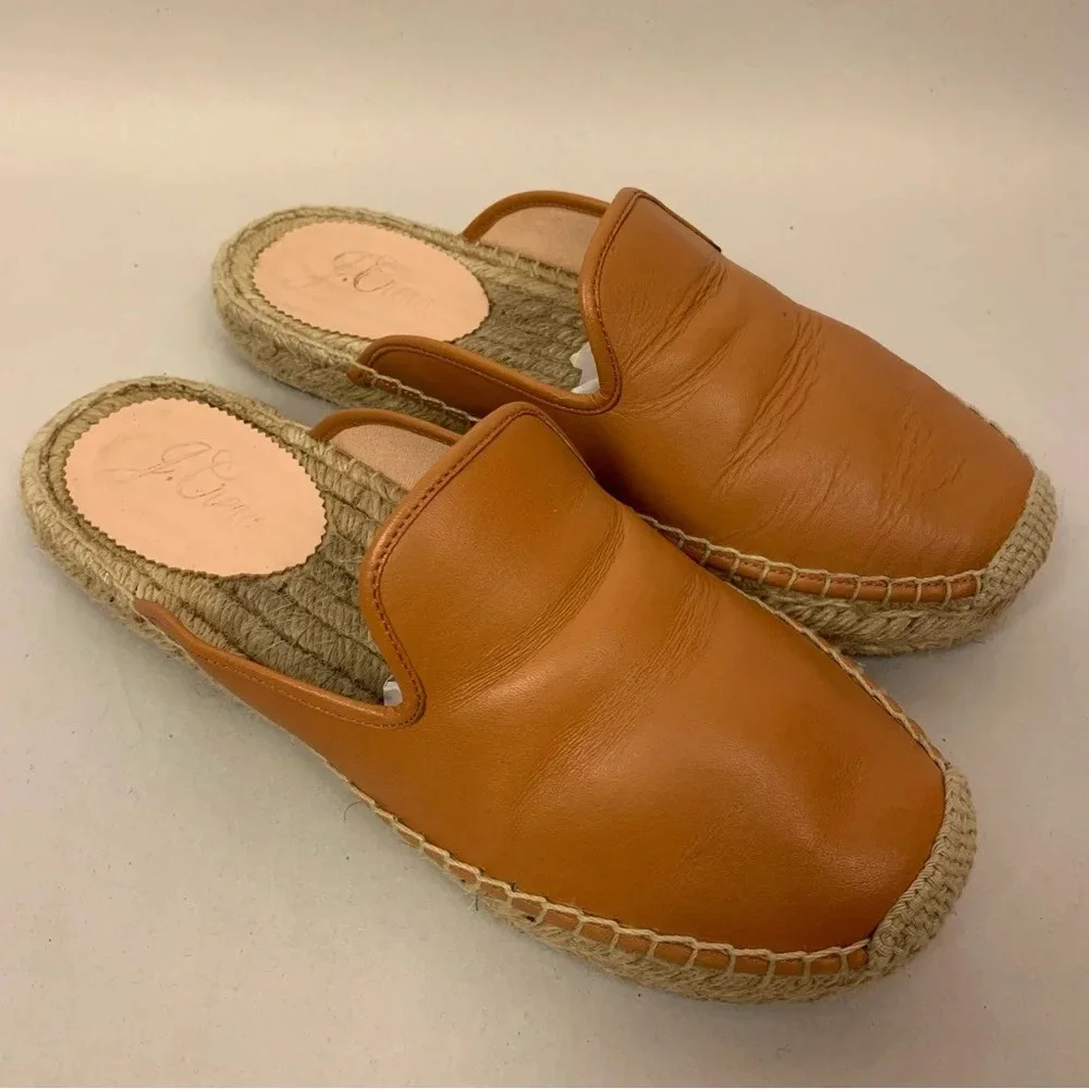 J. Crew Tan Leather Espadrille Slip On Mules